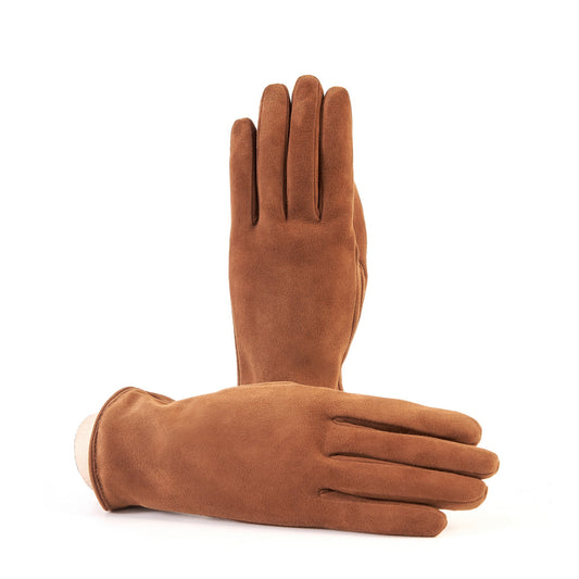Women’s basic tobacco soft suede leather gloves with palm opening and mix cashmere lining