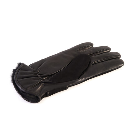 Men's black nappa and suede leather gloves with button and real fur lining