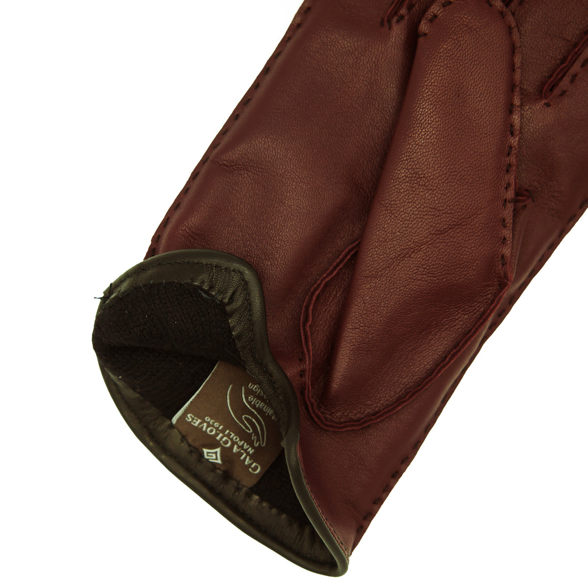 Men's burgundy metal free nappa leather gloves entirely hand-stitched with natural cashmere lining