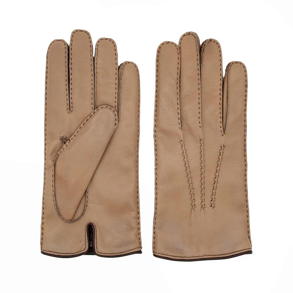 Men's taupe metal free nappa leather gloves entirely hand-stitched with natural cashmere lining