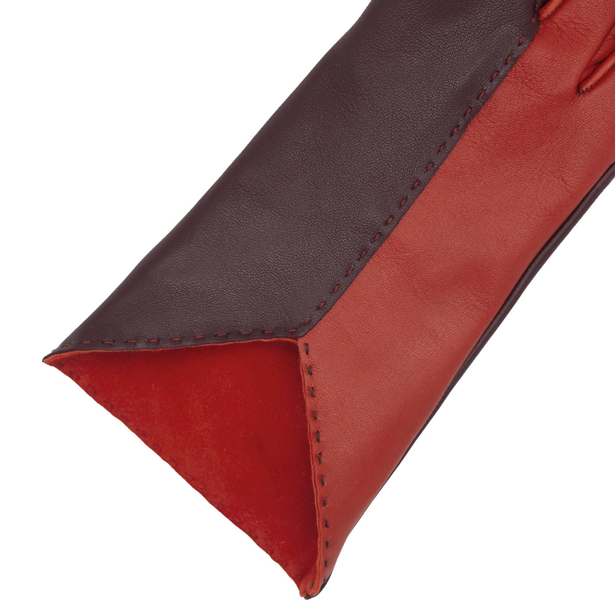 Women's bordeaux and orange metal free nappa leather gloves unlined with sustainable cashmere lining