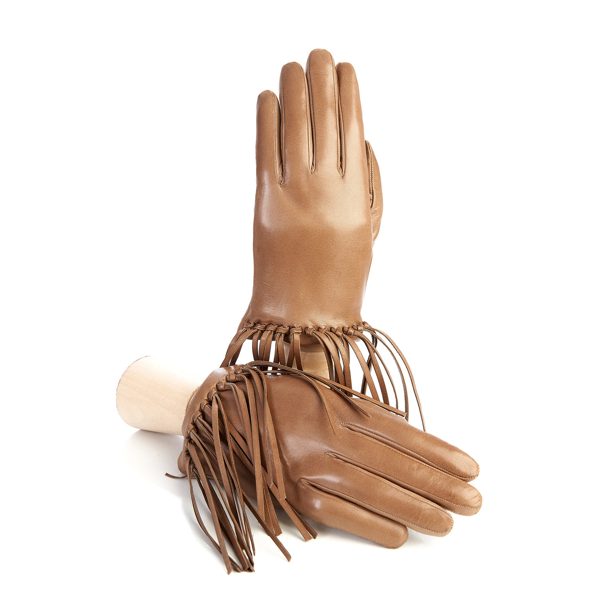 Women's cashmere lined sheepskin gloves with knotted fringes in color alpaca