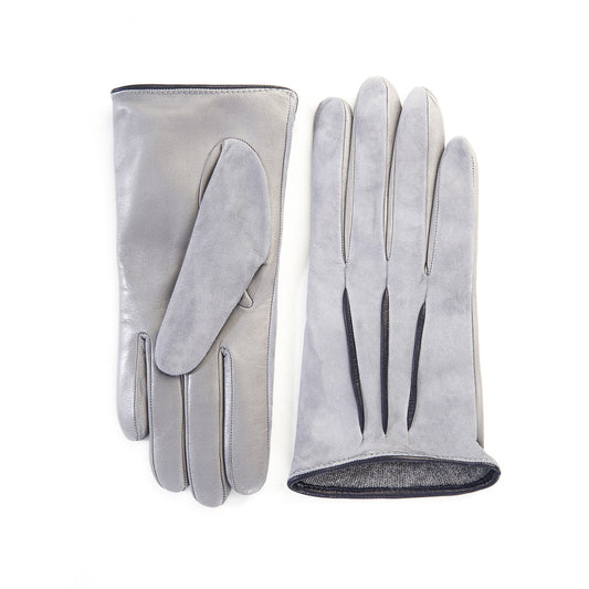 Women's grey suede gloves with blue sheepskin inserts cashmere lining