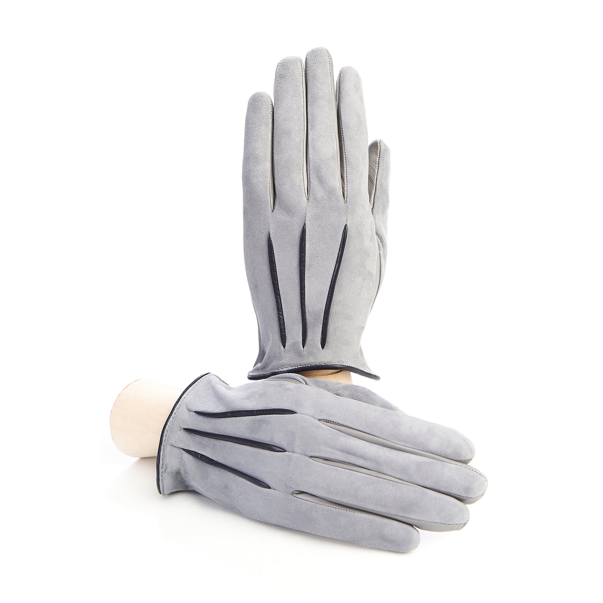 Women's grey suede gloves with blue sheepskin inserts cashmere lining
