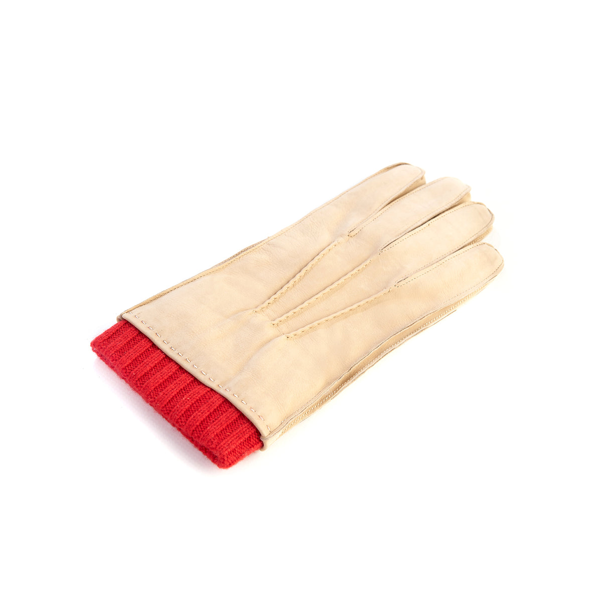 Men's nubuk gloves in beige color with red cashmere lining with cuff
