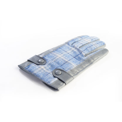 Men's leather gloves in color pearl grey with light blue check fabric top of Holland &amp; Sherry