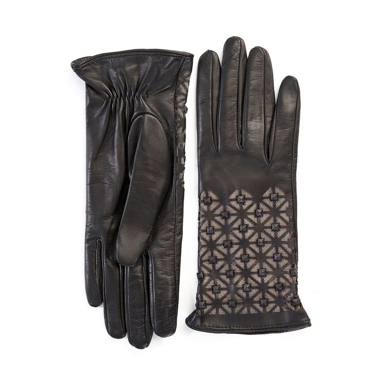 Women's black leather gloves with studs silk lined