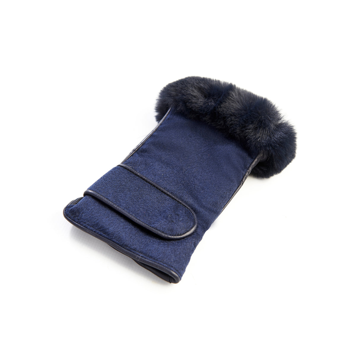 Women's blue leather fingerless with pure Holland &amp; Sherry cashmere top and eco fur detail on finger tips