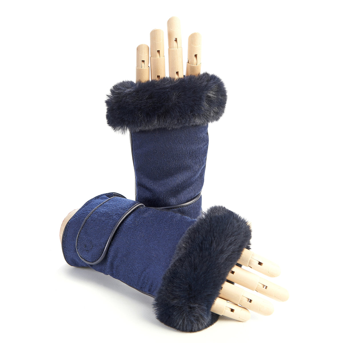 Women's blue leather fingerless with pure Holland &amp; Sherry cashmere top and eco fur detail on finger tips