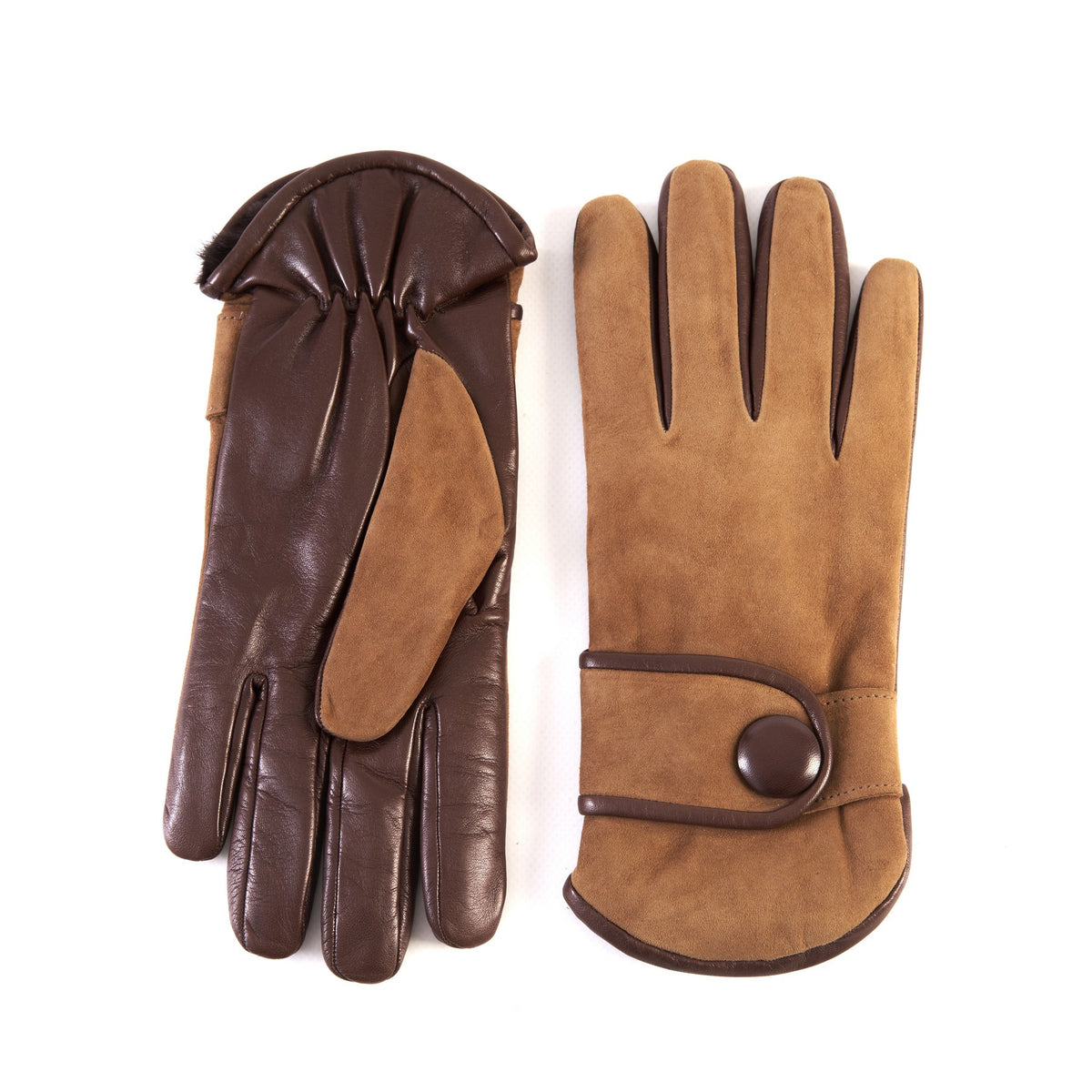 Men's tobacco nappa and suede leather gloves with button and real fur lining
