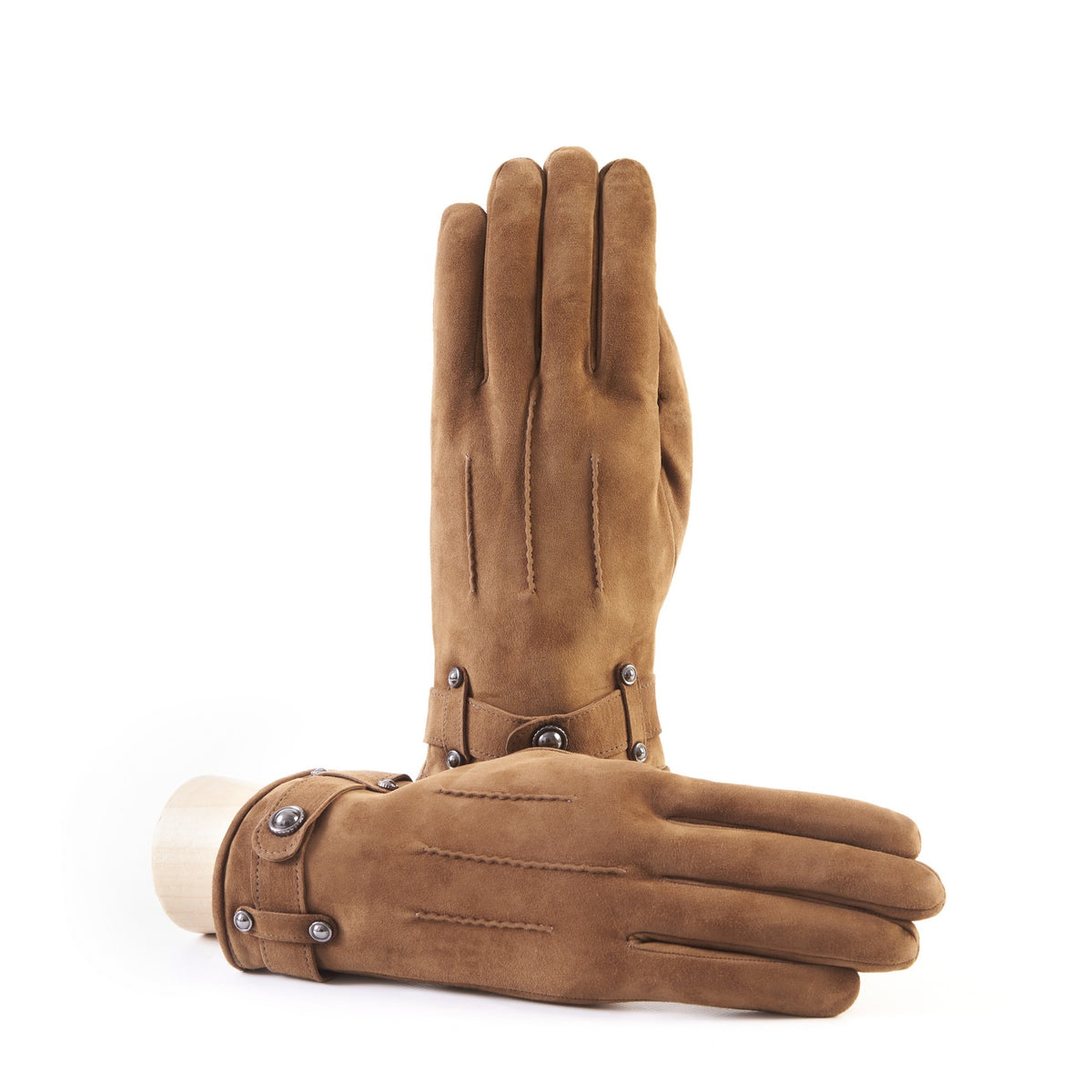 Men's camel suede leather gloves with strap and cashmere lining