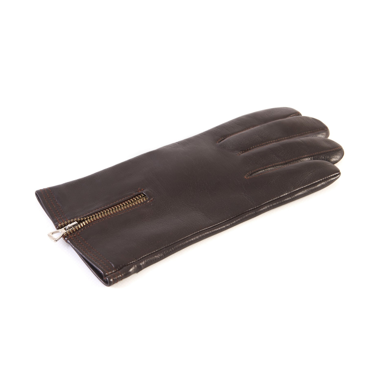 Men's brown nappa leather gloves with cognac thumb and stitching with zip and cashmere lined