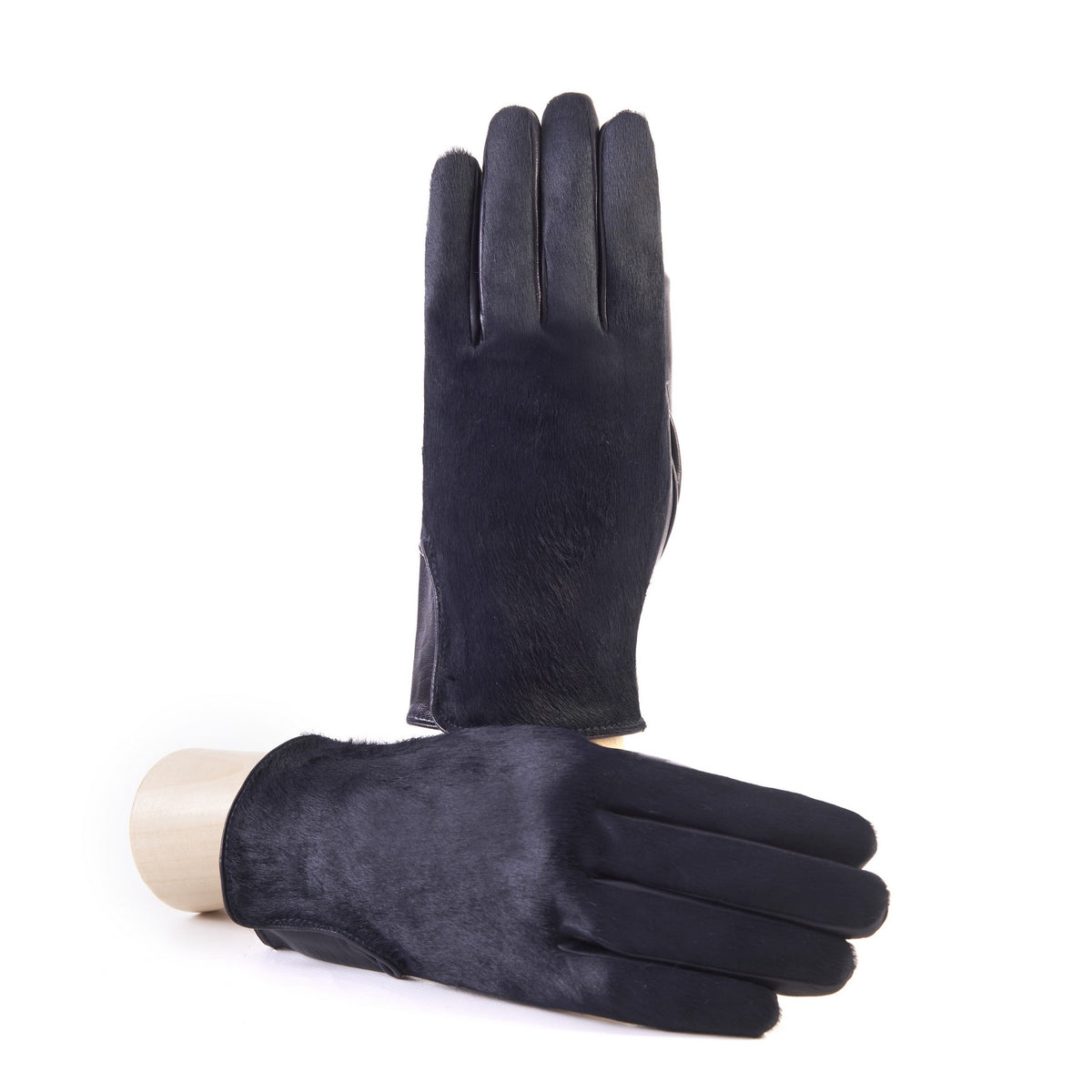 Men's navy nappa leather gloves with a pony panel on top and silk lined