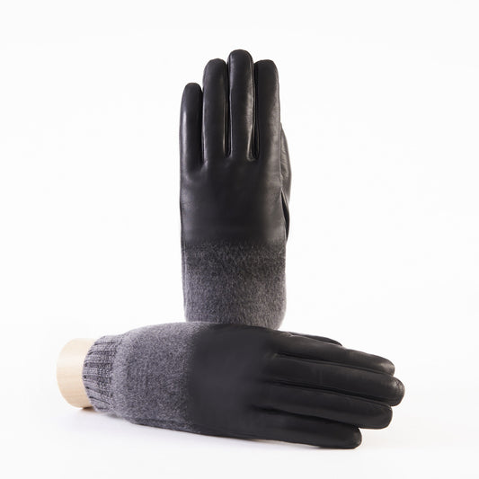 Men's black nappa leather gloves with wool needle punch details