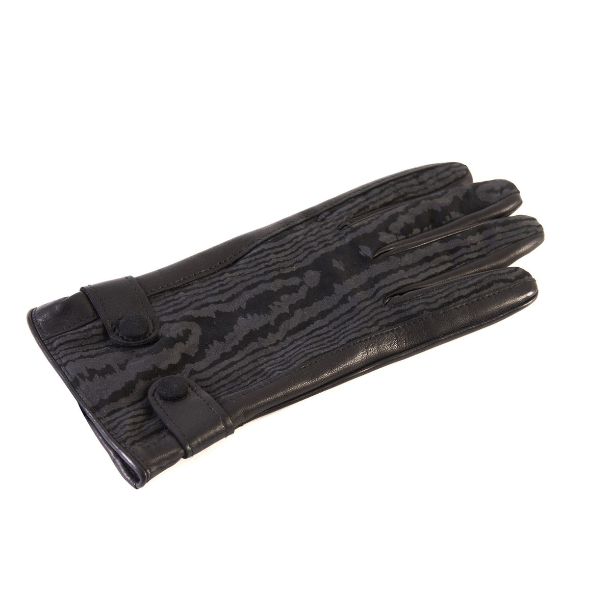 Men's black nappa and printed suede leather gloves with buttons and elastic on palm