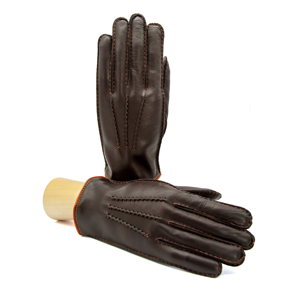 Men's fully hand-stitched brown nappa leather gloves and cashmere lining