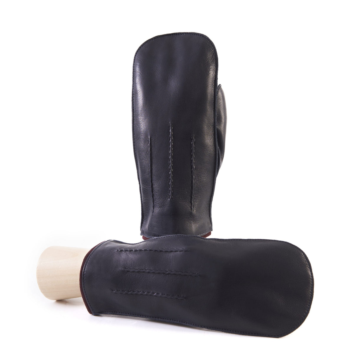 Men's blue deerskin mitten gloves with suede piping and cashmere lining