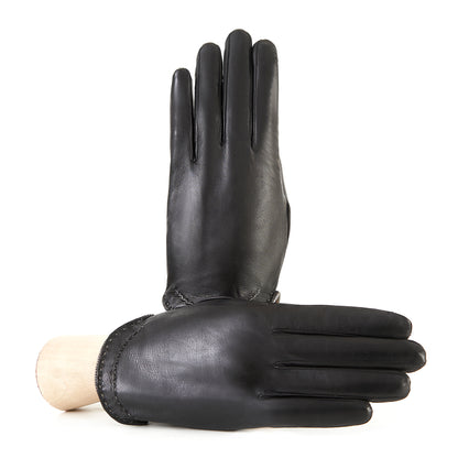 Women's black nappa leather gloves with metallic leather edge silk lined